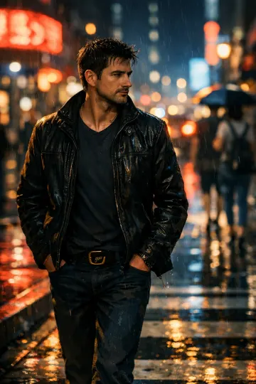 Man walking in rainy neon cit