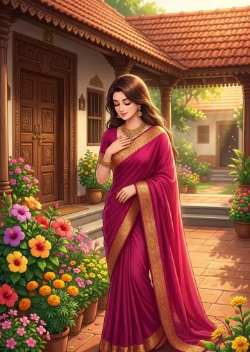 A beautiful woman in a pink saree admiring flowers in front of a traditional house.