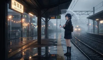 Sad Anime Girl at Rainy Train Station Wallpaper (4K Aesthetic Art) 