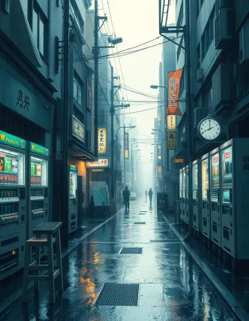 rainy tokyo alley vending machines aesthetic.