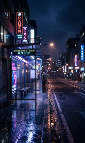 Rainy Night Bus Stop – Urban Aesthetic Wallpaper