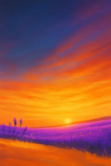 Lavender Sunset Field Wallpaper – Golden Sky & Purple Flowers
