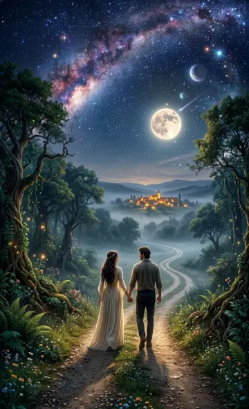 Romantic Night Walk 4K Wallpaper – Couple on Forest Road