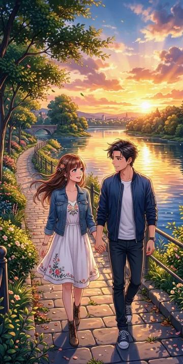 Young Couple Walking on Riverside