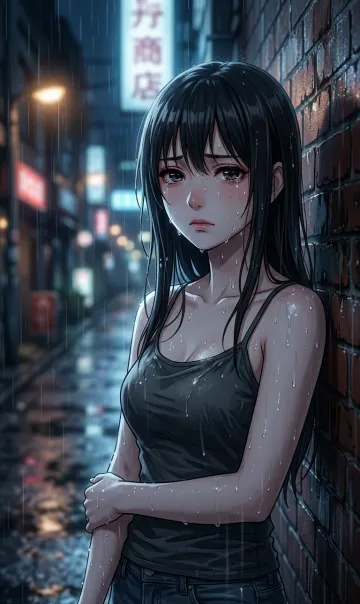 Melancholy in the Rain – Cyberpunk Alleyway Anime Portrait