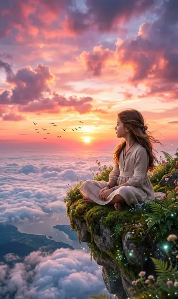 Girl Watching Sunset Above the Clouds 4K Wallpaper