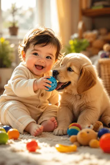 Cute Baby Playing with Golden Retriever Puppy 4K Mobile Wallpaper
