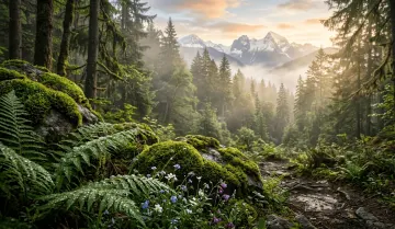 Serene Mountain Forest at Dawn: Nature's Morning Glow 