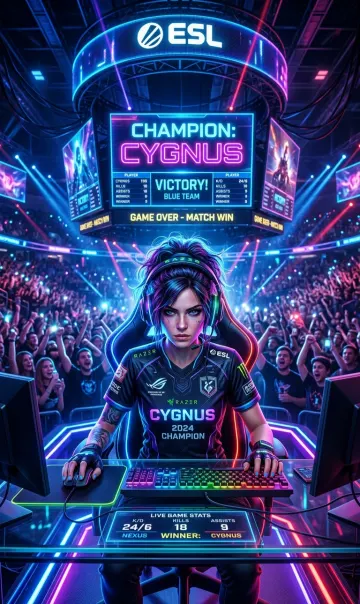 Futuristic Female Esports Champion in Cyber Arena 4K Wallpaper