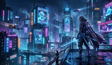 Futuristic Cyber Samurai in Neon City | 8K Ultra HD Desktop Wallpaper