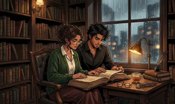 Dark Academia Couple Library Rainy 4K Wallpaper  