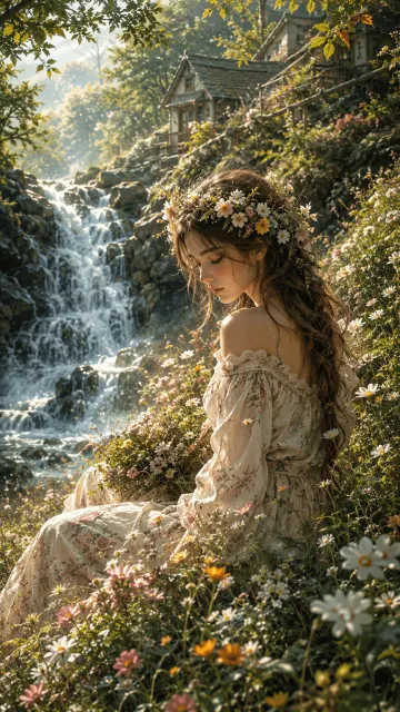Cottagecore Girl Waterfall Flowers 4K Wallpaper  