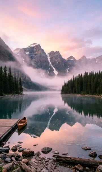 Aesthetic mountain lake with crystal clear water, pine trees reflection, misty sunrise, soft pastel sky, cinematic nature photography style, 4K wallpaper