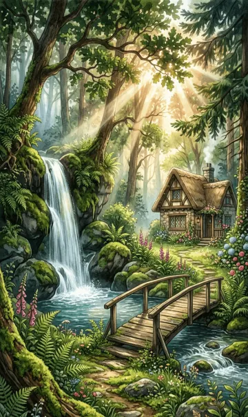 Forest Waterfall Cottagecore 4K Wallpaper  