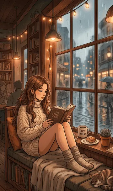 Manhwa Girl Café Rain Cozy 4K Wallpaper