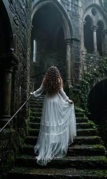 Gothic Fantasy Staircase in Misty Ancient Castle 