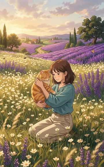 Anime Girl Holding a Cat in a Sunlit Flower Field