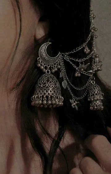 Bohemian Oxidized Silver Crescent Moon Jhumka with Layered Chain