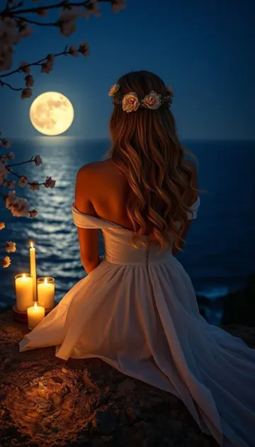 Moonlit Cliffside Serenity - Blonde Muse with Cherry Blossoms
