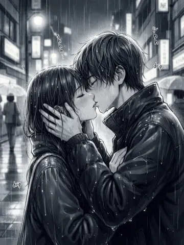 Black White Anime Couple Rain Kiss Emotional Digital Art Wallpaper 4K
