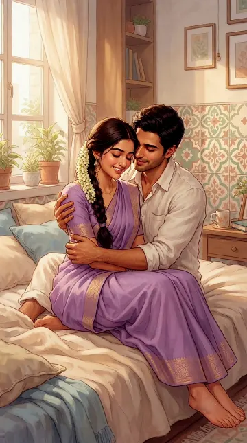 South Indian Couple Hug Bedroom Cotton Nightie Romantic Wallpaper 4K