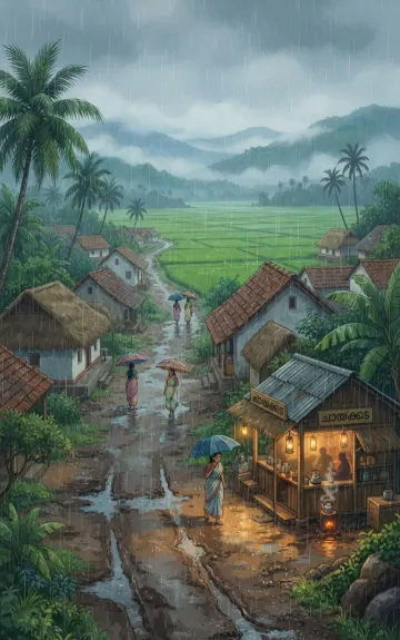 Beautiful Kerala Rainy Village Scene with Traditional Tea Shop Wallpaper