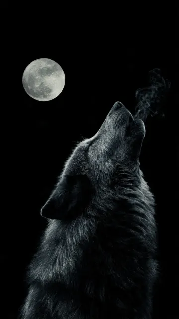 Dark Wolf with Smoke Under Full Moon