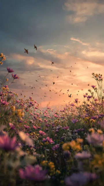 Sparrows Flying Over Wildflower Meadow | Sunset Nature Wallpaper 4K