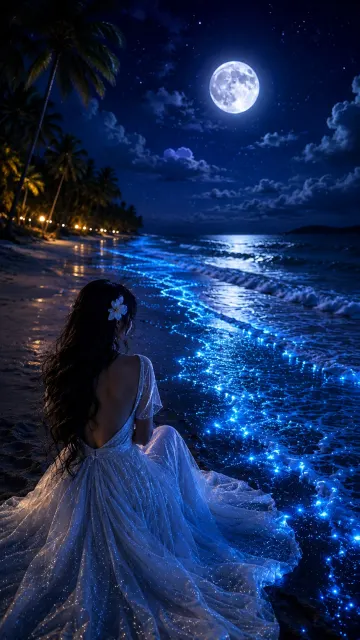 Moonlit Bioluminescent Beach Night Wallpaper 4K | Dreamy Ocean Under Full Moon