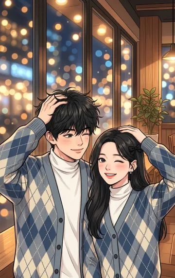 Matching Couple Webtoon Illustration | Cozy Night Cafe Manhwa Scene