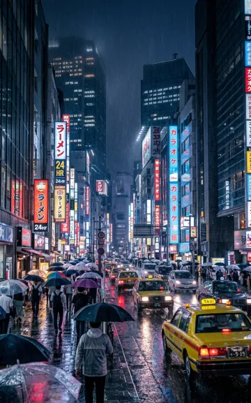 Moody Rainy Night Cityscape 4K Phone Wallpaper | Neon Cyberpunk Street & Taxis