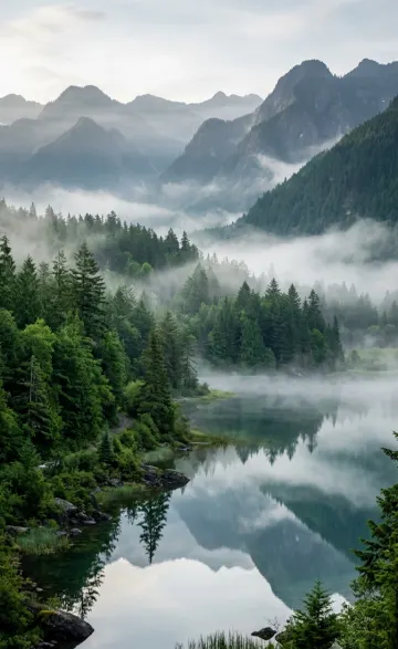 Misty Mountain Lake & Pine Forest | Peaceful Nature Phone Wallpaper 4K
