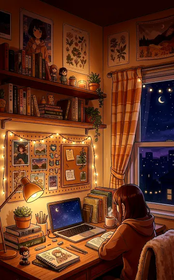 Anime Cozy Night Study Aesthetic Room | Fairy Lights & City View Phone Wallpaper