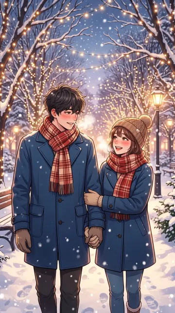 Cute Webtoon Couple in Snowy Park