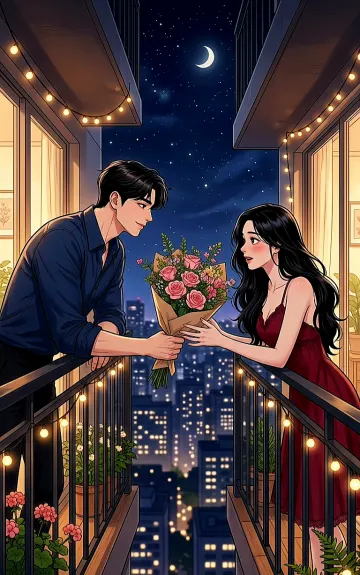 Romantic Midnight Balcony Meeting – Korean Webtoon Style Couple & Flower Bouquet