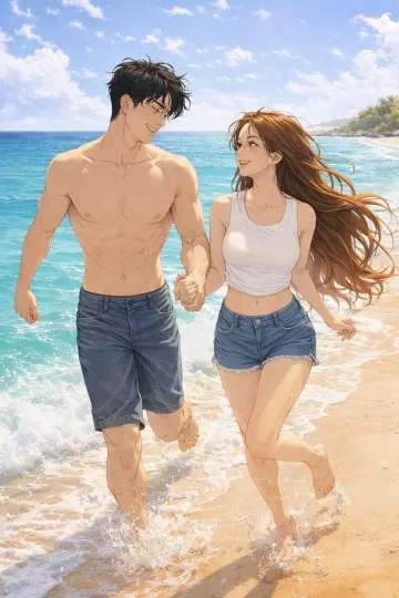 Romantic Anime Couple Running on Beach – Ocean Love Wallpaper