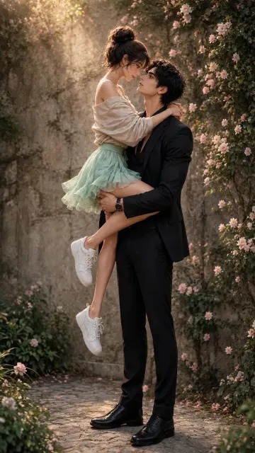 Romantic Couple Lift Pose in Mint Green Dress | Aesthetic Garden Love Wallpaper