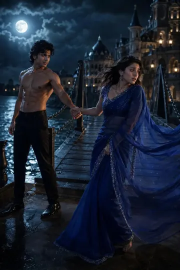 Moonlight Pier Love Story in Blue Saree | Cinematic Night Couple Wallpaper 4K