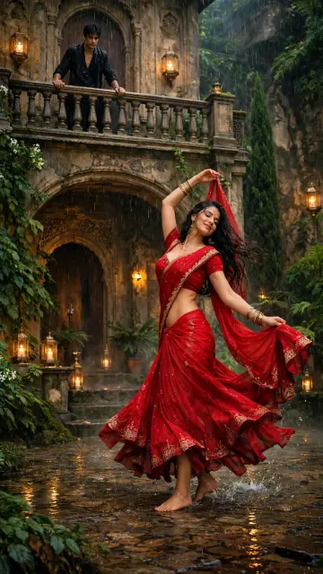 Red Saree Rain Dance Aesthetic | Mughal Garden Monsoon Romance Wallpaper 4K 9:16