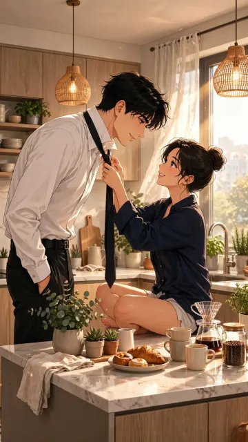 Cozy Kitchen Morning Tie Moment | Anime Couple Domestic Love Wallpaper