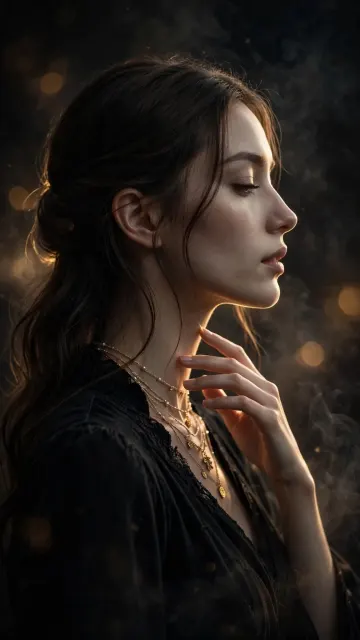 Dark Aesthetic Golden Glow Side Profile | Black Dress Layered Necklace Wallpaper 4K