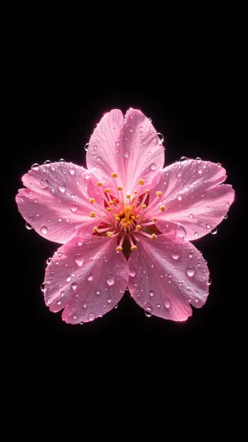 Bright Pink Cherry Blossom Dew Drops | Clean Black Background Flower Wallpaper 4K