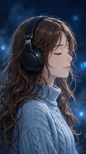 Blue Theme Girl Headphones Night | Clean Cozy Sweater Bokeh Wallpaper 4K