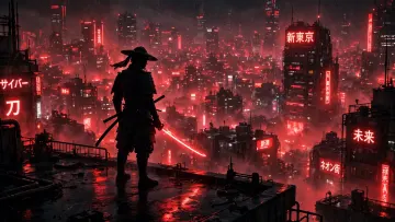 Red Neon Cyberpunk Samurai Rooftop Tokyo Rain Night Desktop Wallpaper 4K 16x9