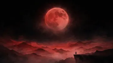 Blood Moon Red Mountains Lone Samurai Cliff Minimal Desktop Wallpaper 4K 16x9