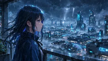 Anime Girl Rainy City Night Wallpaper 4K - Blue Neon Cyber City Desktop