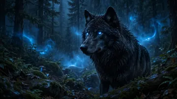 Black Wolf Blue Eyes Dark Forest Wallpaper 4K - Rainy Night Desktop