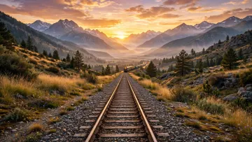 Train Going To Mountains At Sunset Wallpaper 4K - Railway Track Evening Desktop