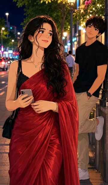 Red Saree Black Blouse Night Street Wallpaper 4K - Beautiful Girl Mobile