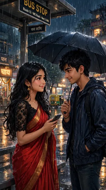 Red Saree Couple Rainy Bus Stop Umbrella Wallpaper - Romantic Love Story 4K